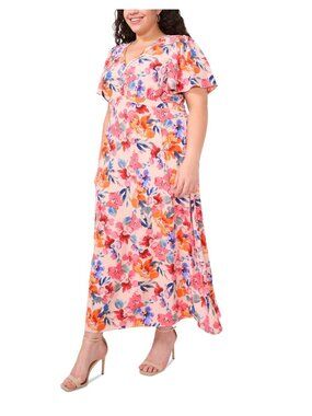 MSK Women’s 2X V-Neck Flutter Sleeve Maxi Dress In Floral Print Cotton/Line
